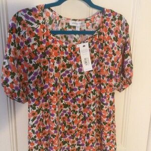 Amour Vert Lotta Washable Silk Blouse Seaside Red Orange Purple Floral Large,New